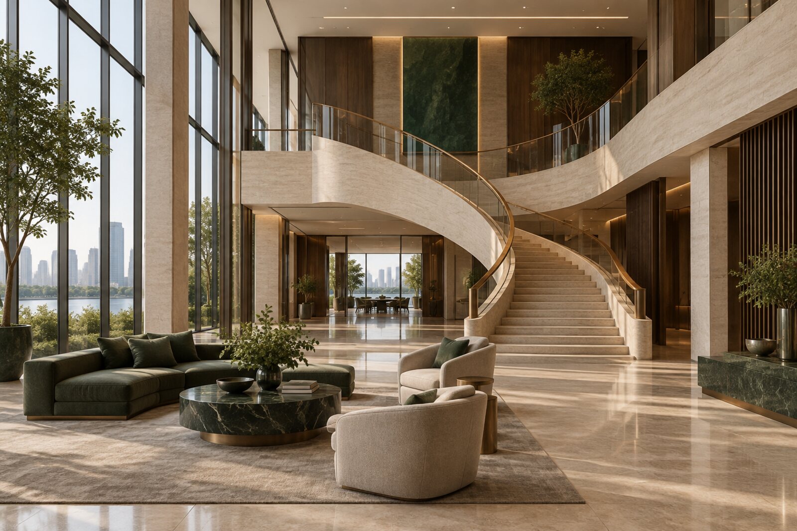 The soaring atrium of a global advisory firm's headquarters