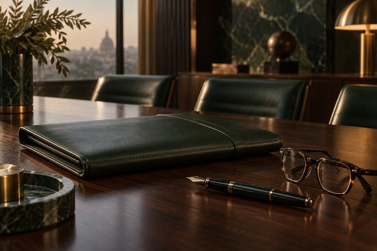 A leather portfolio and pen on a boardroom table